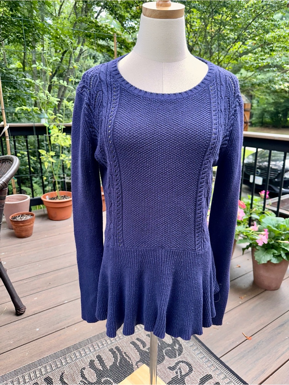 Navy Scoop-Neck Peplum Sweater with Cable Detail